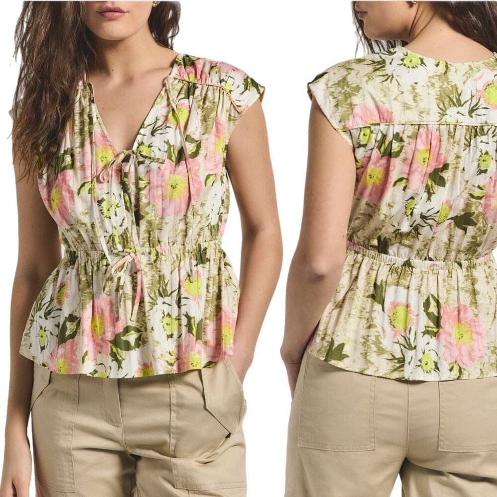 NWT Derek Lam 10 Crosby Caroline Floral Double Tie Cotton Top In Safari multi.